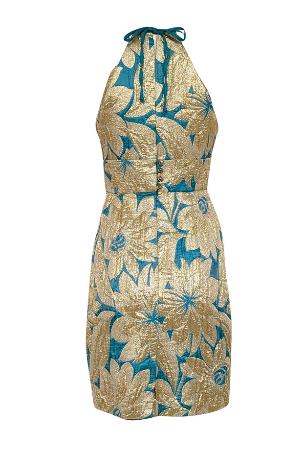 Current Boutique-Trina Turk - Teal Green & Gold Large Brocade Print Sleeveless Open Back Dress Sz 4