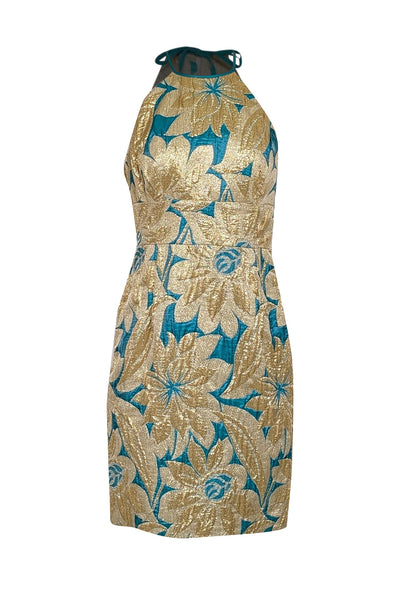 Current Boutique-Trina Turk - Teal Green & Gold Large Brocade Print Sleeveless Open Back Dress Sz 4