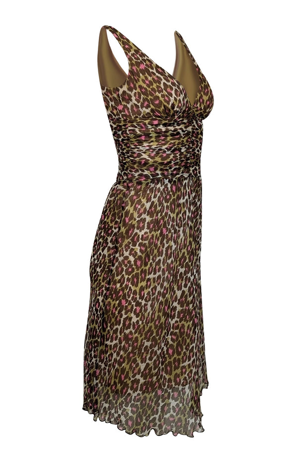 Current Boutique-Trina Turk - White w/ Green, Pink, & Brown Leopard Print Ruched Silk Dress Sz 2