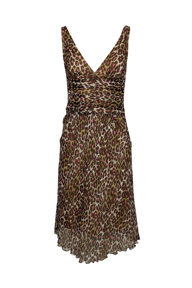 Current Boutique-Trina Turk - White w/ Green, Pink, & Brown Leopard Print Ruched Silk Dress Sz 2