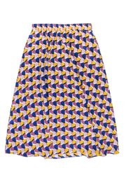 Current Boutique-Tucker - Purple, Navy & Yellow Geometric Print Silk Maxi Skirt Sz L