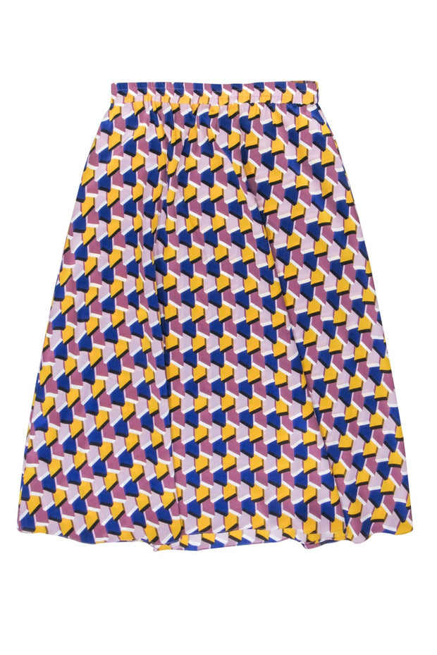 Current Boutique-Tucker - Purple, Navy & Yellow Geometric Print Silk Maxi Skirt Sz L