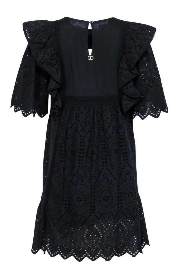 Current Boutique-Twinset - Black Eyelet Mini Dress w/ Multicolored Floral Embroidery Sz 10