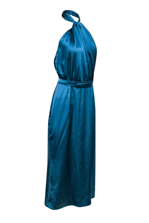 Current Boutique-UNDRESS - Dusty Blue Satin Halter Midi Dress Sz L