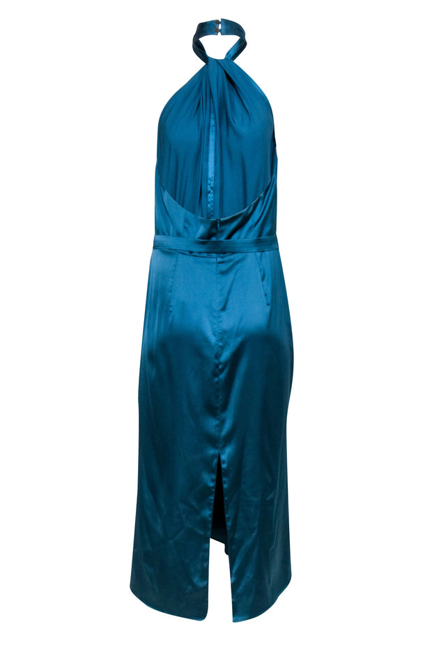 Current Boutique-UNDRESS - Dusty Blue Satin Halter Midi Dress Sz L