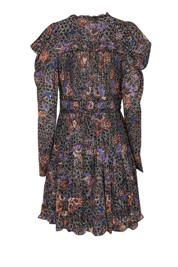 Current Boutique-Ulla Johnson - Black, Cream, Blue, Purple & Terracotta Floral Long Sleeve Mini Dress Sz 8