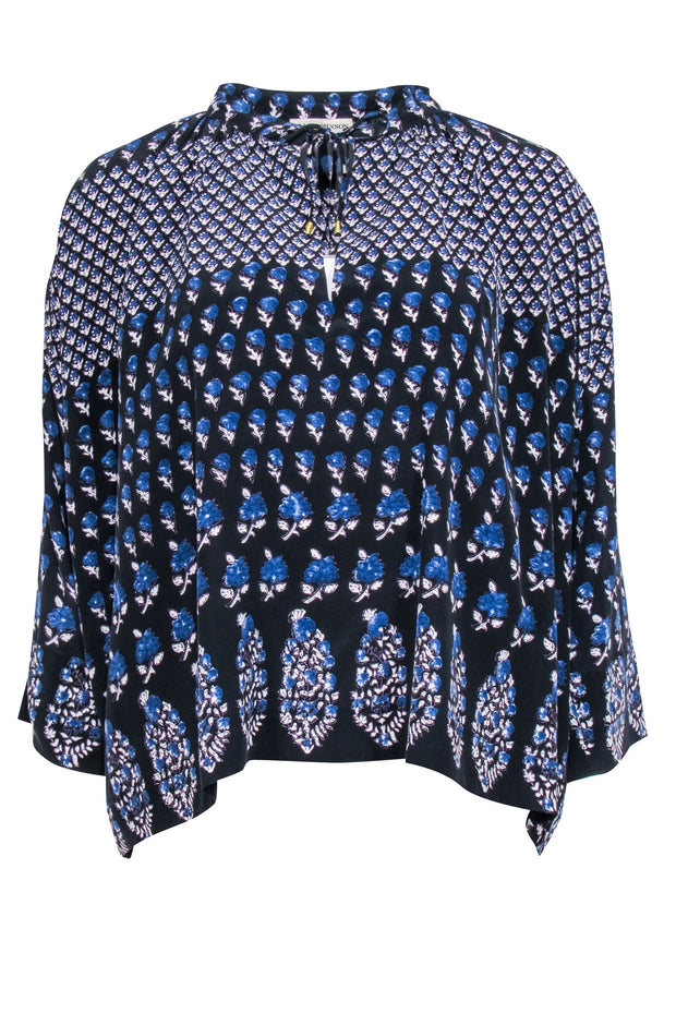 Current Boutique-Ulla Johnson - Blue & Black Long Sleeve Floral Print Peasant Blouse Sz 2