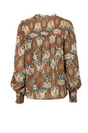 Current Boutique-Ulla Johnson - Burnt Orange, Beige, & Teal Print Crinkled Chiffon Blouse Sz 6