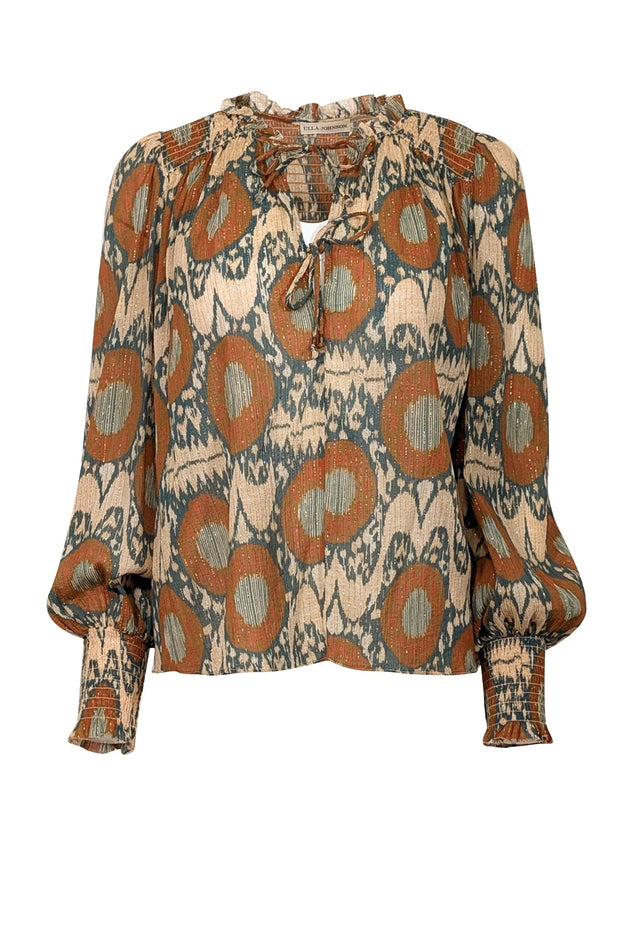 Current Boutique-Ulla Johnson - Burnt Orange, Beige, & Teal Print Crinkled Chiffon Blouse Sz 6