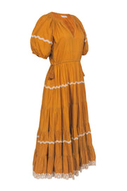 Current Boutique-Ulla Johnson - Mustard Yellow Cotton Tiered Midi Dress w/ Lace Trim Sz 6