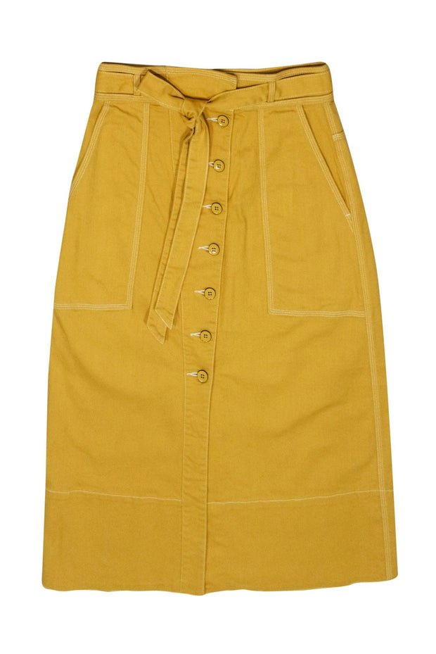 Current Boutique-Ulla Johnson - Mustard Yellow Denim Midi Skirt w/ Front Buttons Sz 2