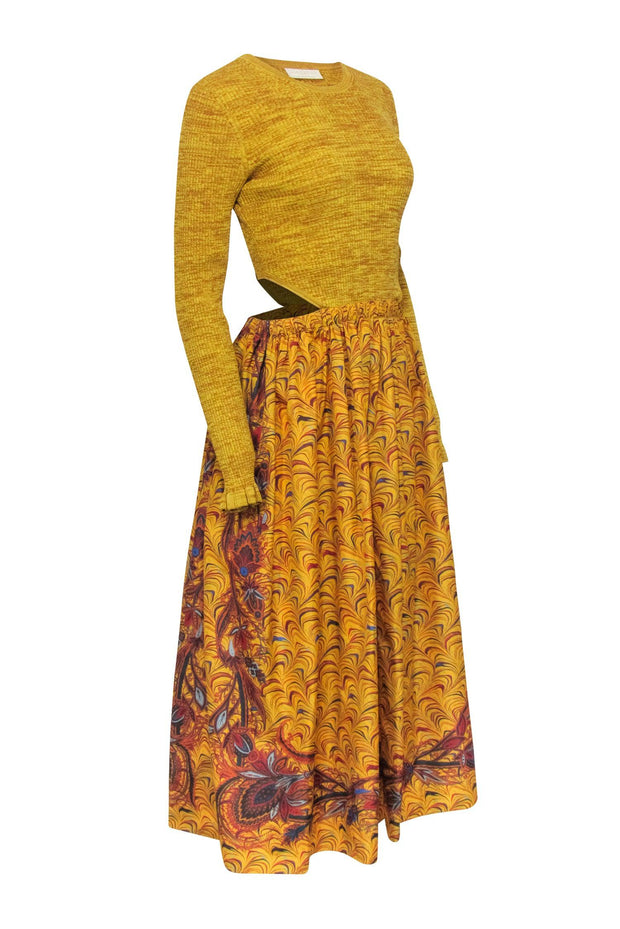 Current Boutique-Ulla Johnson - Mustard Yellow Ribbed Bodice Dress w/ Multi Color Print Bottom Sz 6