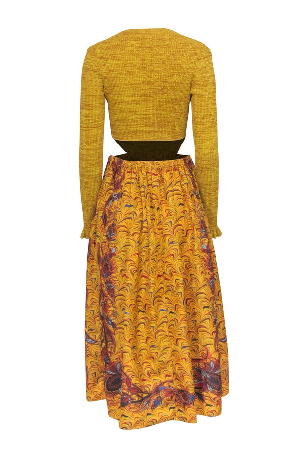 Current Boutique-Ulla Johnson - Mustard Yellow Ribbed Bodice Dress w/ Multi Color Print Bottom Sz 6