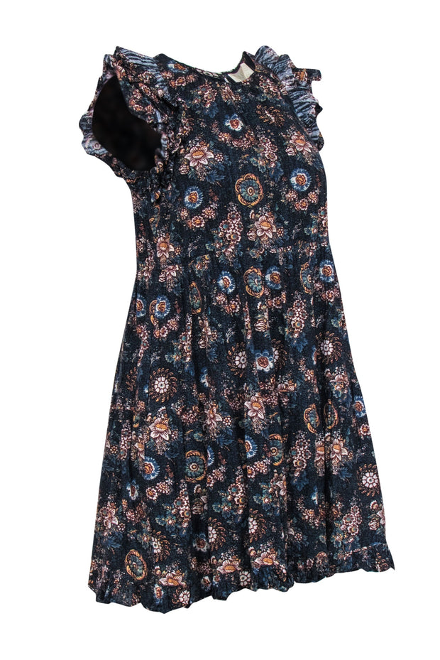 Current Boutique-Ulla Johnson - Navy Floral Print Sleeveless Ruffled Mini Dress Sz 4