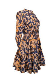 Current Boutique-Ulla Johnson - Navy w/ Orange Floral Print Poplin Long Sleeve Dress Sz 2