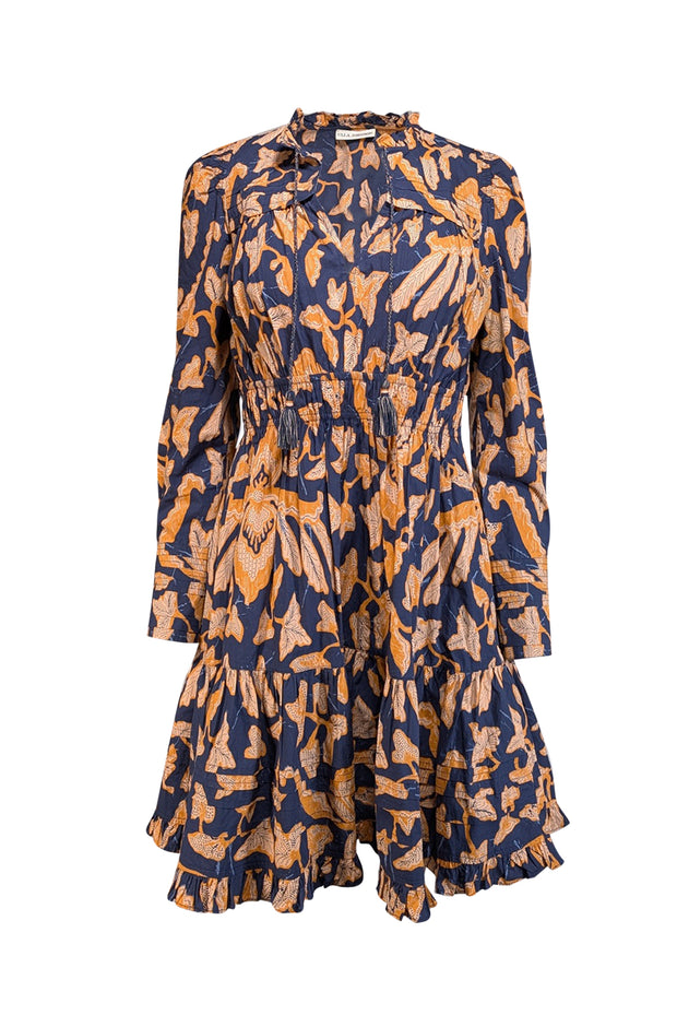 Current Boutique-Ulla Johnson - Navy w/ Orange Floral Print Poplin Long Sleeve Dress Sz 2