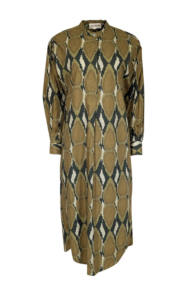 Current Boutique-V de Vinster - Khaki & Olive Ikat Print Poplin Dress Sz M