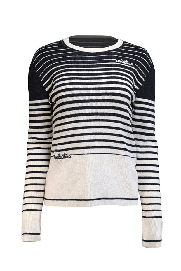 Current Boutique-Valentino - Black & Cream Striped Wool & Cashmere Blend Sweater Sz XL