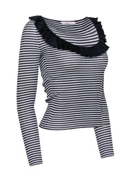 Current Boutique-Valentino - Black & White Stripe Ribbed Knit w/ Ruffle Neck Top Sz M