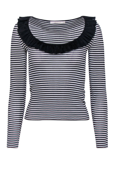 Current Boutique-Valentino - Black & White Stripe Ribbed Knit w/ Ruffle Neck Top Sz M