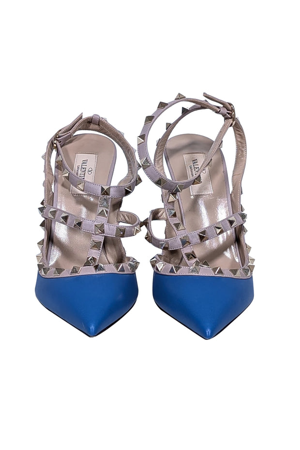 Current Boutique-Valentino - Blue & Beige Studded Strappy Heels Sz 10.5