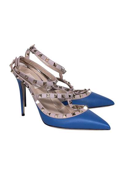 Current Boutique-Valentino - Blue & Beige Studded Strappy Heels Sz 10.5