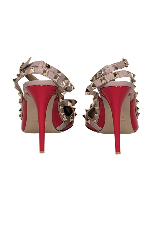 Current Boutique-Valentino - Red & Beige Studded Strappy Heels Sz 10.5