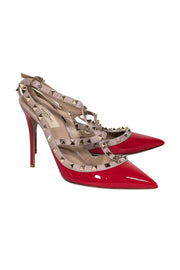 Current Boutique-Valentino - Red & Beige Studded Strappy Heels Sz 10.5