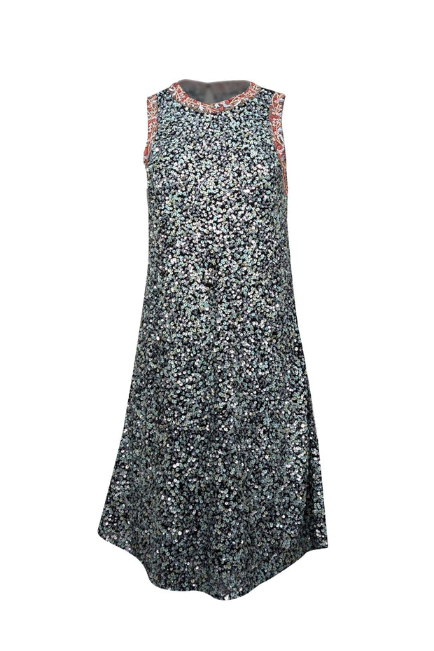 Current Boutique-Varun Bahl - Blue, Mint, Black, & Pink Sequin lace Trim Sleeveless Dress Sz 8