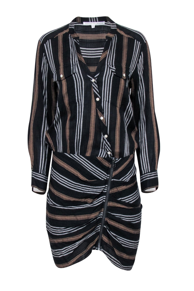 Current Boutique-Veronica Beard - Black & Brown Striped Mini Asymmetrical Shirt Dress Sz 8