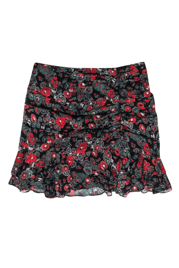 Current Boutique-Veronica Beard - Black, Red & Green Floral Print Ruched Skirt w/ Ruffles Sz 6