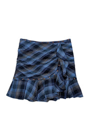 Current Boutique-Veronica Beard - Blue Plaid Print Studded Ruffle Mini Skirt Sz 8