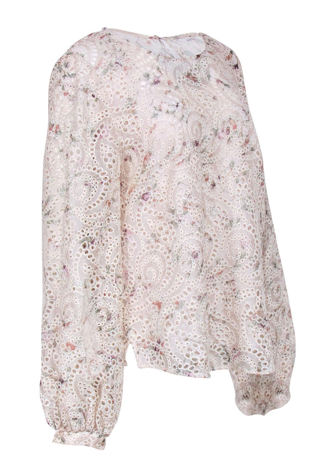 Current Boutique-Veronica Beard - Cream & Multi Color Floral Eyelet Long Sleeve Top Sz 14