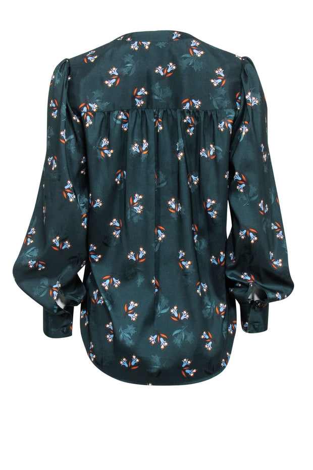 Current Boutique-Veronica Beard - Dark Green Floral Print Satin Blouse Sz S