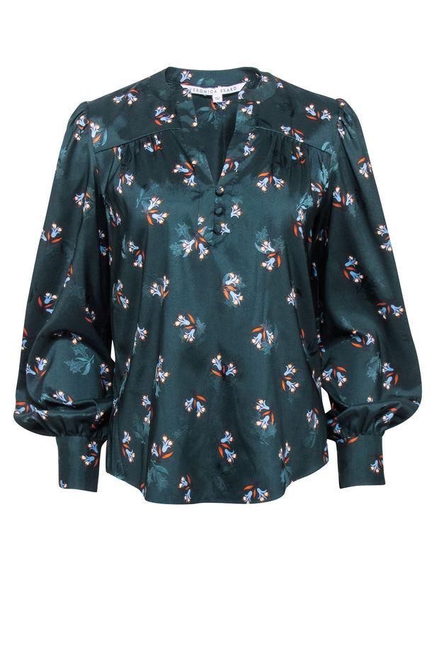 Current Boutique-Veronica Beard - Dark Green Floral Print Satin Blouse Sz S