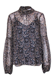 Current Boutique-Veronica Beard - Navy & Brown Paisley Print Top Sz 14