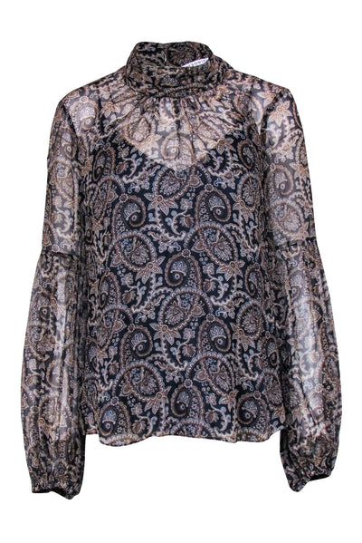 Current Boutique-Veronica Beard - Navy & Brown Paisley Print Top Sz 14