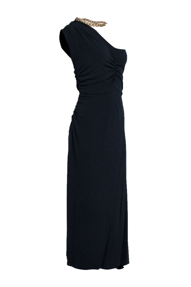 Current Boutique-Veronica Beard - Navy Maxi One Shoulder Dress w/ Gold Chain Halter Strap Sz L