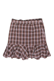 Current Boutique-Veronica Beard - Tan, Maroon, & Navy Plaid Ruffled Mini Skirt Sz 4