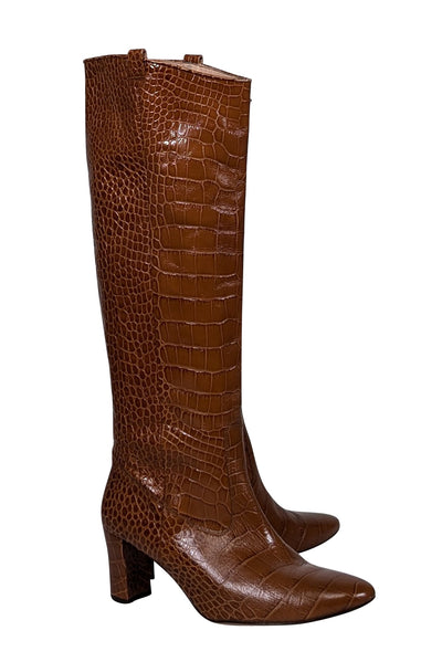 Current Boutique-Veronica Beard - Terracotta Croc-Embossed Patent Leather Tall Boots Sz 10.5