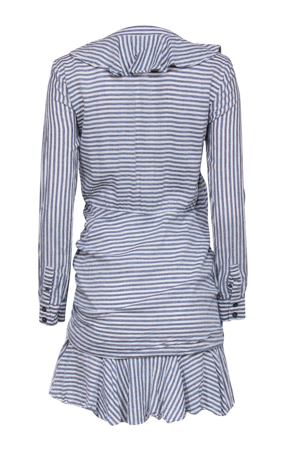 Current Boutique-Veronica Beard - White & Blue Striped Ruffled Dress w/ Swiss Dot Detailing Sz 6