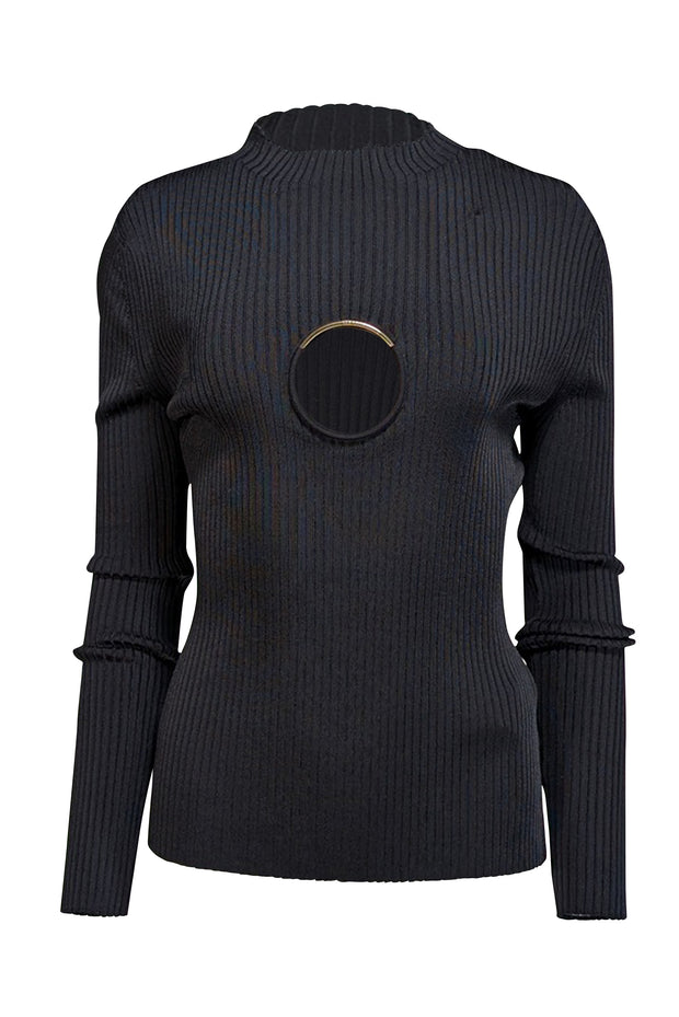 Current Boutique-Versace - Black Ribbed "O" Ring Mock Neck Top Sz 8