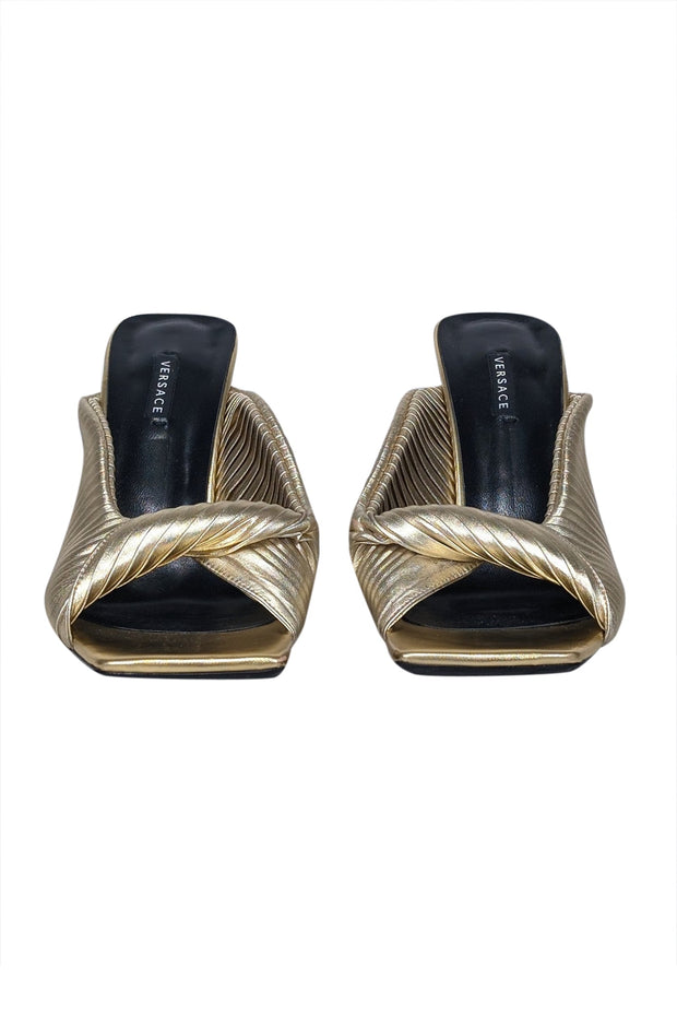 Current Boutique-Versace - Gold Pleated Square Toe Mule Pumps Sz 11