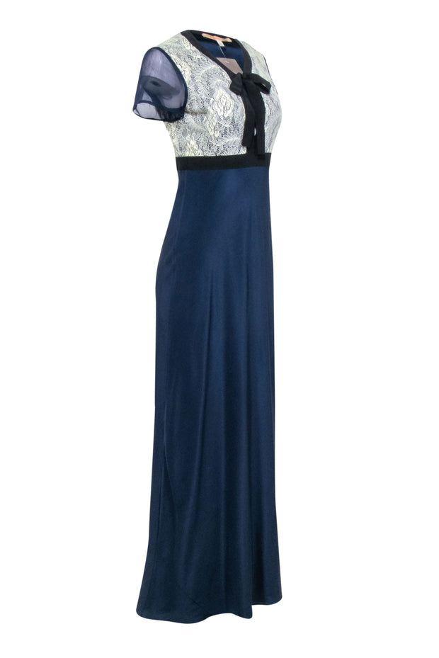 Current Boutique-Vessel - Navy Silk w/ Cream Lace Bodice Formal Dress Sz 6