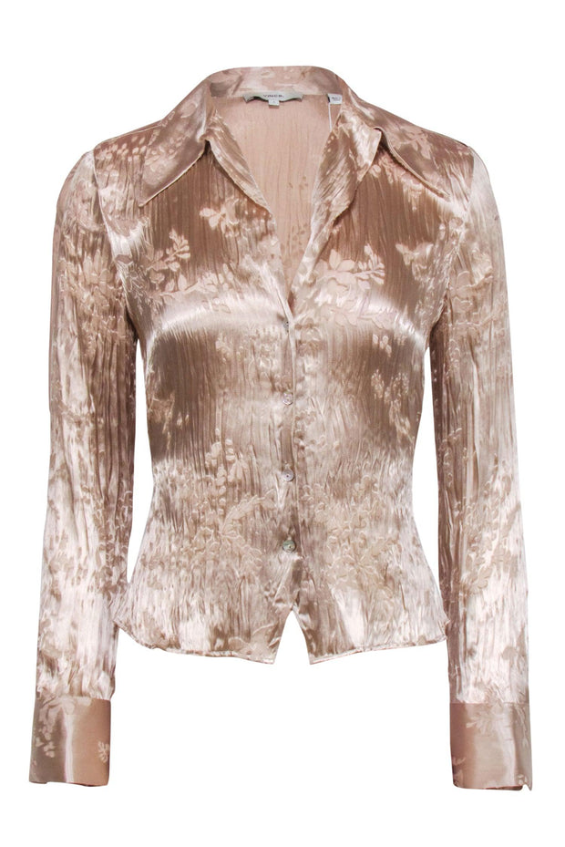 Current Boutique-Vince - Beige Burnout Pleated Long Sleeve Button Down Sz 4