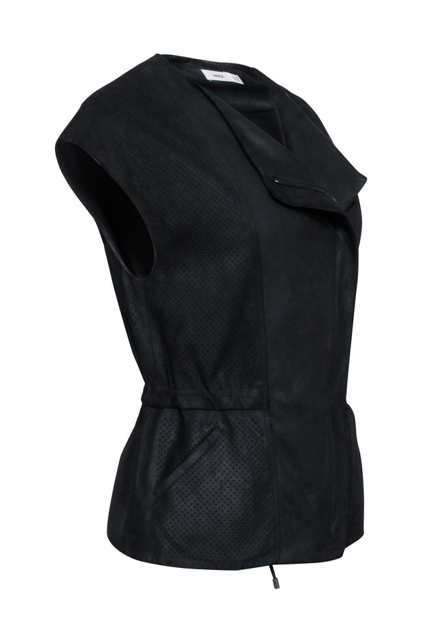 Current Boutique-Vince - Black Perforated Leather Moto Vest w/ Drawstring Waist Sz XXS