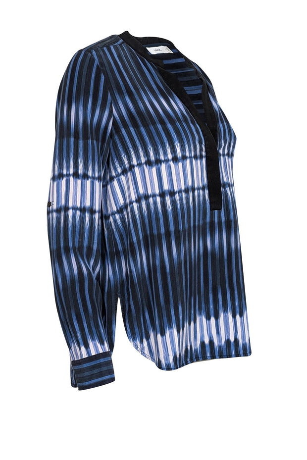 Current Boutique-Vince - Blue, Black & White Striped w/ Notch Neckline Long Sleeve Top Sz 8