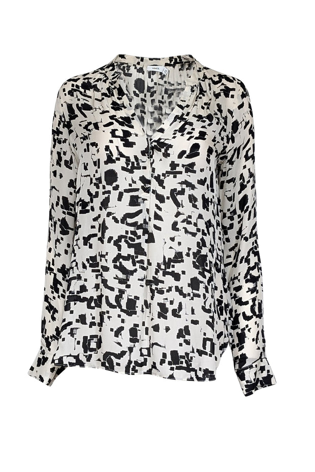 Current Boutique-Vince - Ivory & Black Print Silk Quarter Button Front Blouse Sz 8