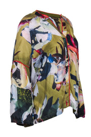 Current Boutique-Vineet Bahl - Olive & Multicolor Brushstroke Print Long Sleeve Blouse Sz S