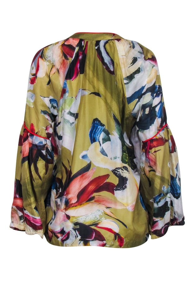 Current Boutique-Vineet Bahl - Olive & Multicolor Brushstroke Print Long Sleeve Blouse Sz S